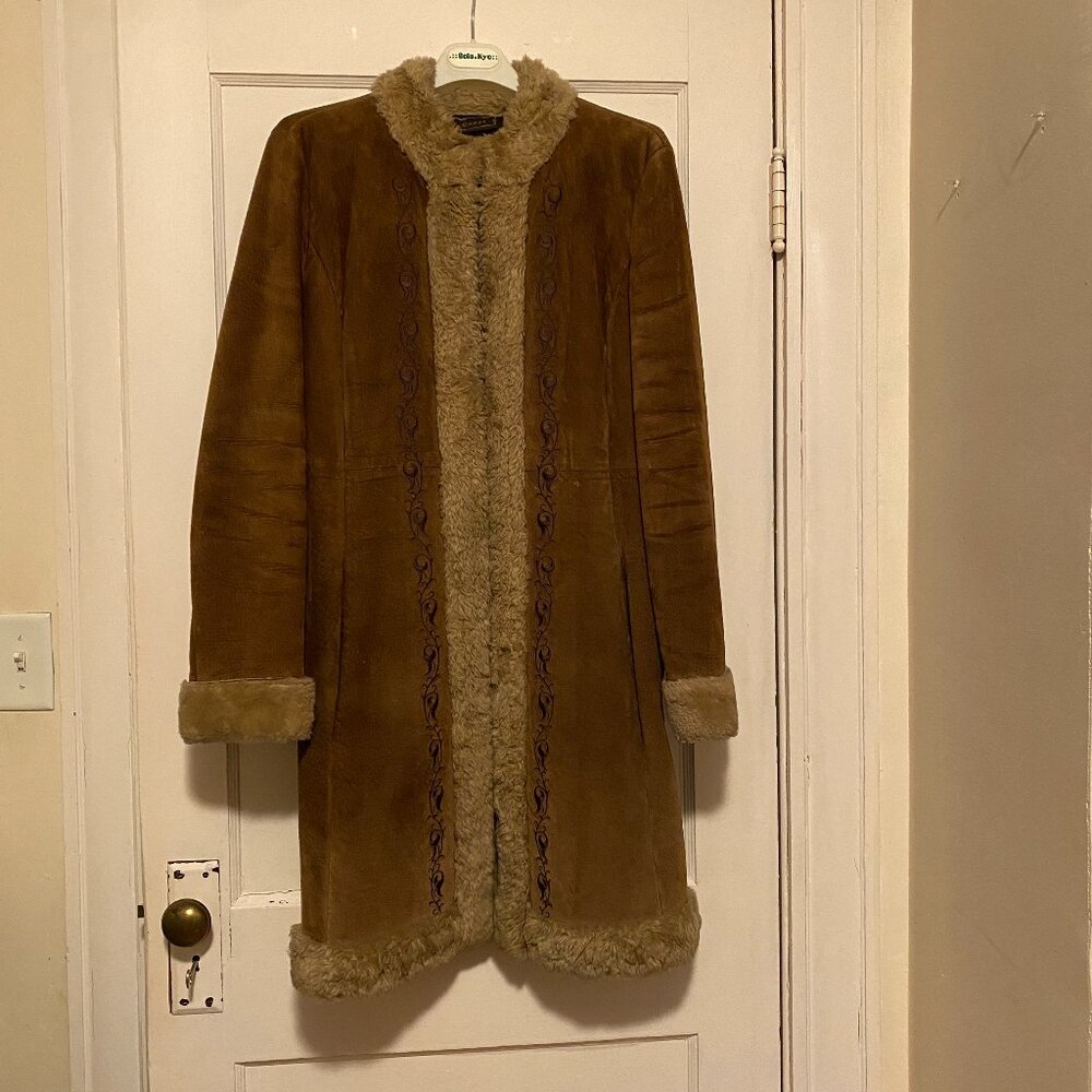 Vintage circa (2003) Guess suede winter coat with embroidered detail